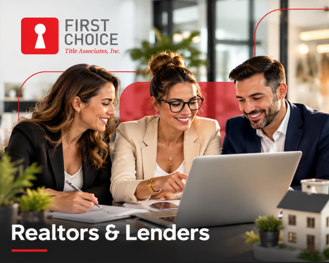 Two realtors and a lender reviewing a closing together on a laptop.