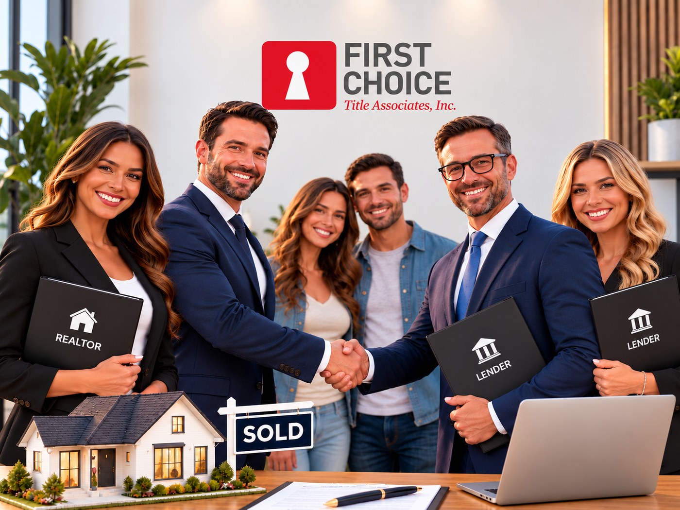 Realtors and lenders shaking hands across a closing table beneath the First Choice Title Associates logo.